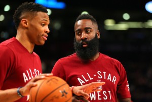 TORONTO, ON - FEBRUARY 14: Russell Westbrook #0 of the Oklahoma City Thunder and the Western Conference and James Harden #13 of the Houston Rockets and the Western Conference warm up before the NBA All-Star Game 2016 at the Air Canada Centre on February 14, 2016 in Toronto, Ontario. NOTE TO USER: User expressly acknowledges and agrees that, by downloading and/or using this Photograph, user is consenting to the terms and conditions of the Getty Images License Agreement. (Photo by Elsa/Getty Images)